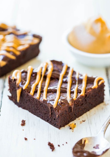 Get the flour less peanut butter and chocolate fudge brownies recipe from Averie Cooks. Image from HuffPost Taste.