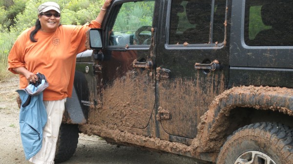 Rebecca and her Jeep, after the rain