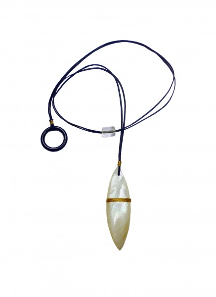 South Sea mother-of-pearl marquis  pendant, handwoven with gold cord by Simon Alcantara
