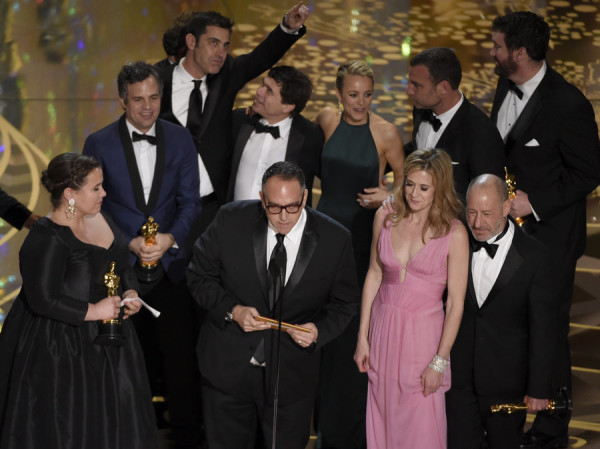 Cast and crew of "Spotlight" accept the award for best picture at the Oscars.