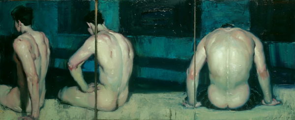 “Turned Away,” a triptych by Malcolm Liepke, featured at Telluride Gallery of Fine Art.