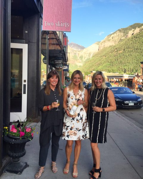 Joanne, Kristin, & Sutton Schuler Errico outside Two Skirts. The store is located dead center of Telluride’s Main Street.